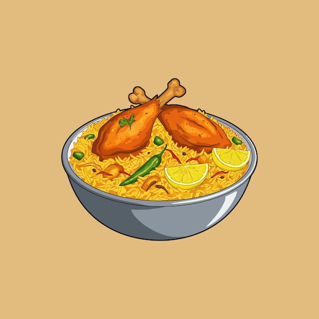 Un cuenco de pollo biryani con cuñas de limón y chiles verdes está ilustrado en un estilo de dibujos animados