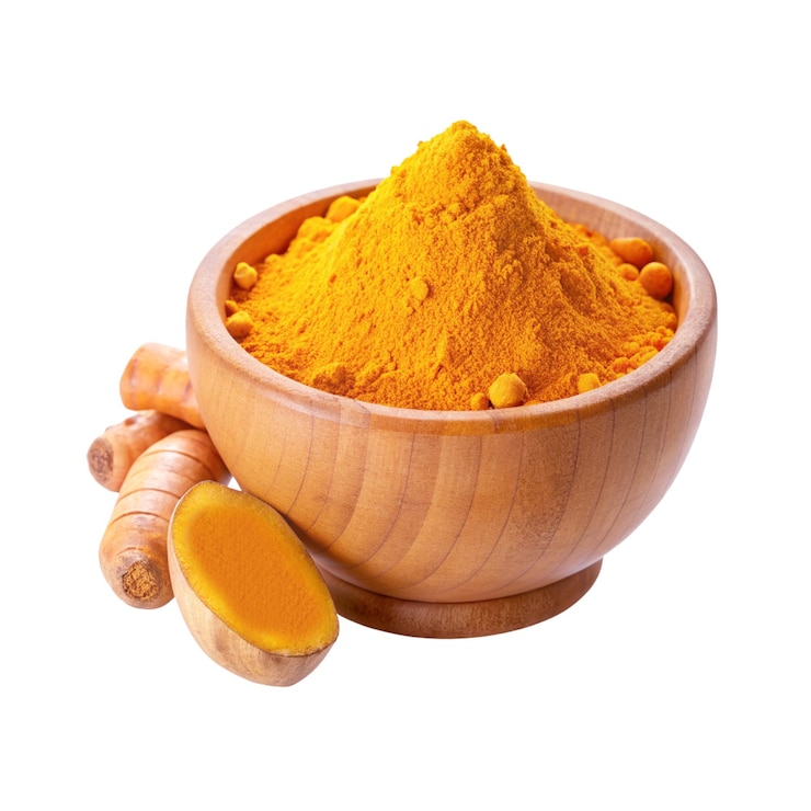 Vector cuenco de polvo de cúrcuma con hojas
