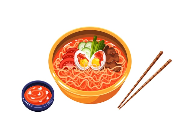 Cuenco de ramen coreano tradicional servido con ingredientes frescos incluyendo huevos, verduras y carne