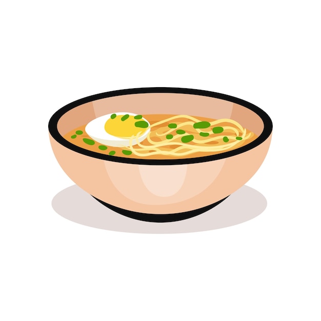 Cuenco de ramen fideos en caldo de pescado con huevo hervido plato tradicional japonés comida asiática elemento gráfico para menú o cartel promocional diseño vectorial plano colorido aislado sobre fondo blanco