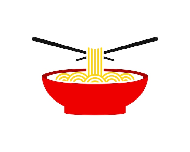 Cuenco rojo con fideos y palillos cruzados en la parte superior