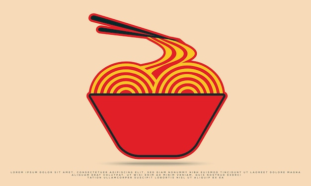 Vector cuenco rojo de fideos ramen con palillos, comida de fideos, diseño de icono de vector de dibujos animados de fideos asiáticos