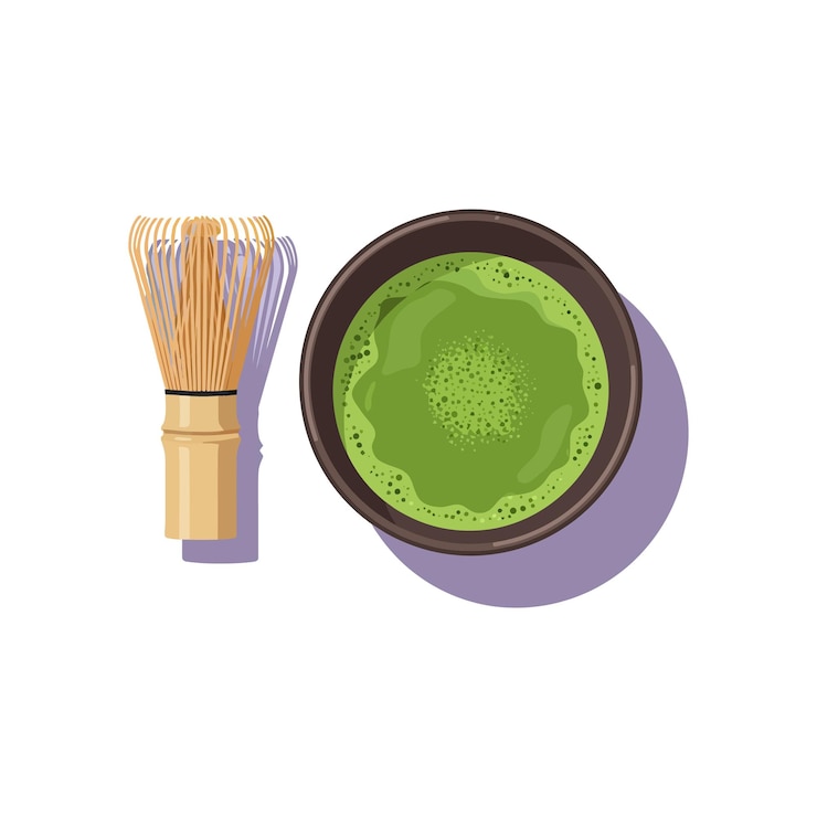 Vector cuenco de té verde matcha con batidor de bambú diseño vectorial de ilustración de vista superior