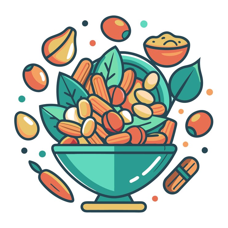 Vector cuenco verde con semillas de nueces y hojas aisladas sobre un fondo blanco