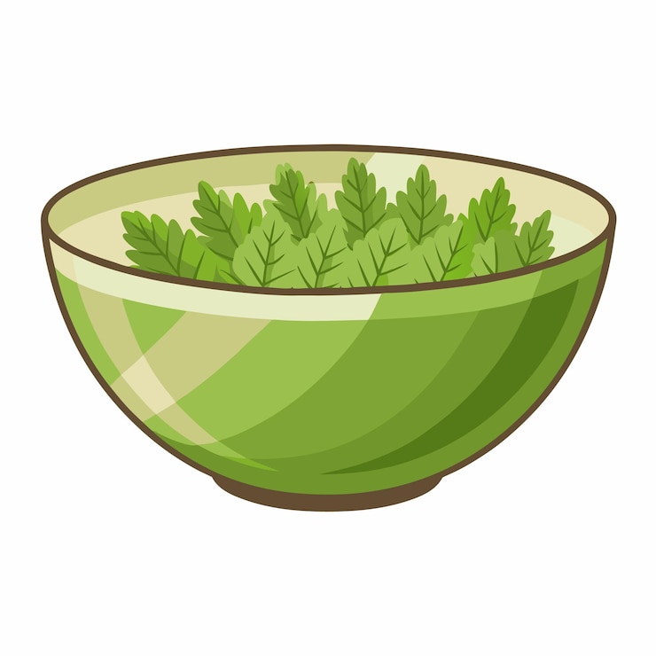 Vector un cuenco de vidrio de hojas de moringa secas y un suplemento herbal natural aislado sobre un fondo blanco
