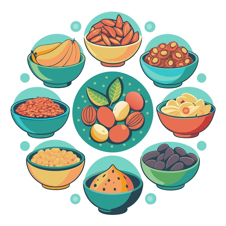 Vector cuencos de colores llenos de varias frutas secas y nueces