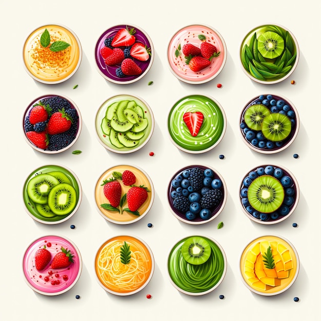 Vector los cuencos de frutas en abundancia un conjunto de iconos del logotipo medley of freshness