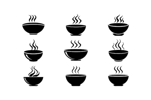 Cuencos de sopa al vapor Establezca íconos minimalistas en blanco y negro