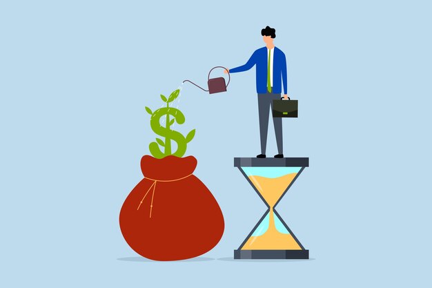 Cuenta de ahorro e inversión Inversor de negocios de pie en el vidrio de arena regando brote creciente de la bolsa de dinero