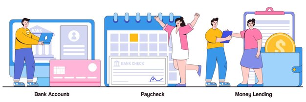 Cuenta bancaria, cheque de pago, concepto de préstamo de dinero con gente pequeña. Conjunto de ilustración de vector abstracto de transferencia de dinero. Banca en línea, depósito de ahorro, nómina, detalles de tarjetas de crédito bancarias, metáfora.