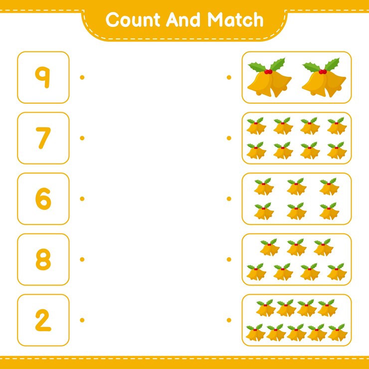 Vector cuenta y combina, cuenta el número de campanas de navidad y combina con los números correctos. juego educativo para niños