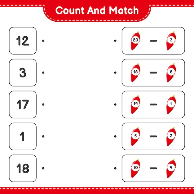 Cuenta y combina, cuenta el número de luces navideñas y combina con los números correctos. juego educativo para niños
