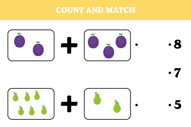 Cuenta y combina Juego educativo de matemáticas para niños Diseño de hoja de trabajo imprimible para niños en edad preescolar