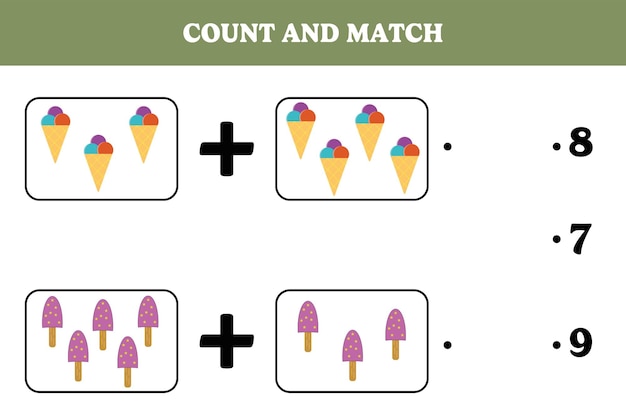 Cuenta y combina Juego educativo de matemáticas para niños Diseño de hoja de trabajo imprimible para niños en edad preescolar