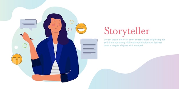 Cuenta cuentos mujer mujer sosteniendo lápiz escribiendo en papel Contenido de la historia ensayo periodismo Editor periodista haciendo bromas