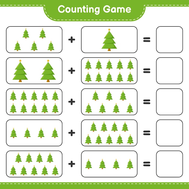 Cuenta el juego, cuenta el número de árbol de Navidad y escribe el resultado. Juego educativo para niños, hoja de trabajo imprimible