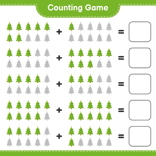Cuenta el juego, cuenta el número de árbol de Navidad y escribe el resultado. Juego educativo para niños, hoja de trabajo imprimible