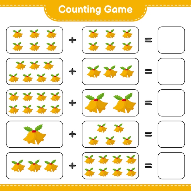 Cuenta el juego, cuenta el número de Campanas de Navidad y escribe el resultado. Juego educativo para niños, hoja de trabajo imprimible