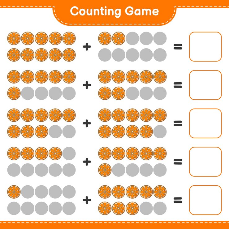 Vector cuenta el juego cuenta el número de naranja y escribe el resultado juego educativo para niños