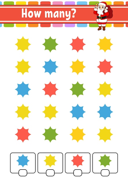 Cuenta juego para niños. Personajes felices. Aprendiendo matemáticas. Cuántos objetos en la imagen. Hoja de trabajo de educación. Con espacio para respuestas. Ilustración de vector aislado en estilo de dibujos animados lindo.