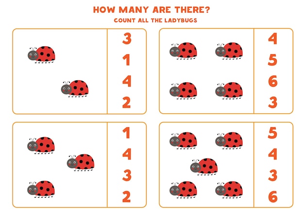 Cuenta todas las mariquitas lindas y encierra en un círculo las respuestas correctas. juego de matemáticas para niños.