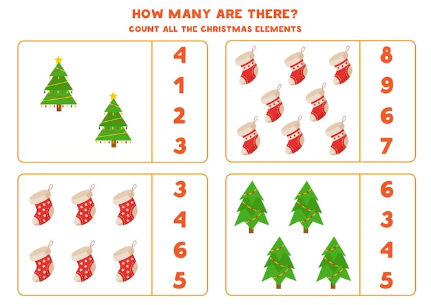 Cuenta todos los árboles de Navidad y calcetines y encierra en un círculo la respuesta correcta. Juego de matemáticas para niños.