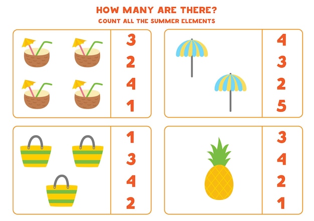 Cuenta todos los elementos del verano y encierra en un círculo las respuestas correctas. Juego de matemáticas para niños.