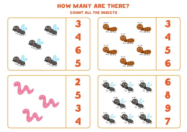 Cuenta todos los insectos lindos y encierra en un círculo las respuestas correctas. Juego de matemáticas para niños.