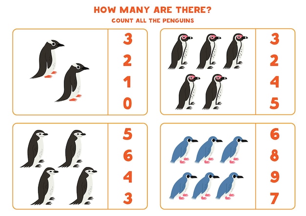 Cuenta todos los pingüinos y encierra las respuestas correctas.