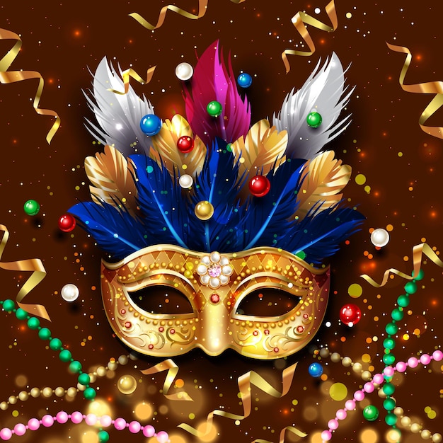 Cuentas y máscara de carnaval dorado mardi gras