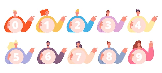 Cuente de 0 a 9 Gente feliz sosteniendo pancartas redondas con números Afiche de estudio para niños con niños y niñas de dibujos animados planos Personajes vectoriales infográficos numéricos