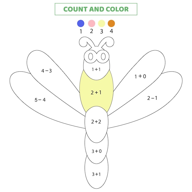 Cuente y coloree la linda libélula de dibujos animados. juego de matemáticas para niños. hoja de trabajo para niños.