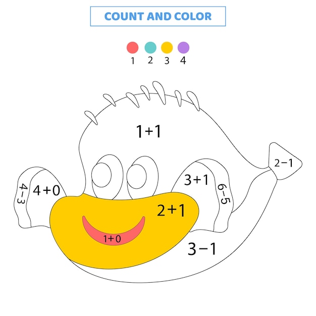 Cuente y coloree lindos peces de dibujos animados. Juego de matemáticas para niños. Hoja de trabajo para niños.