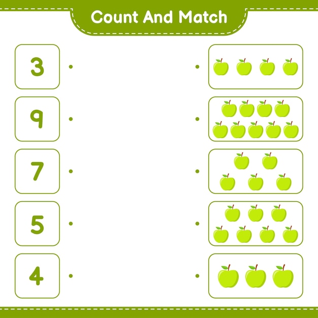Cuente y combine, cuente el número de Apple y combine con los números correctos. Juego educativo para niños, hoja de trabajo imprimible