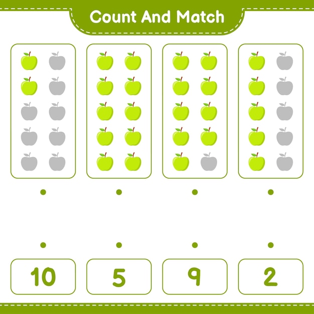 Cuente y combine, cuente el número de Apple y combine con los números correctos. Juego educativo para niños, hoja de trabajo imprimible
