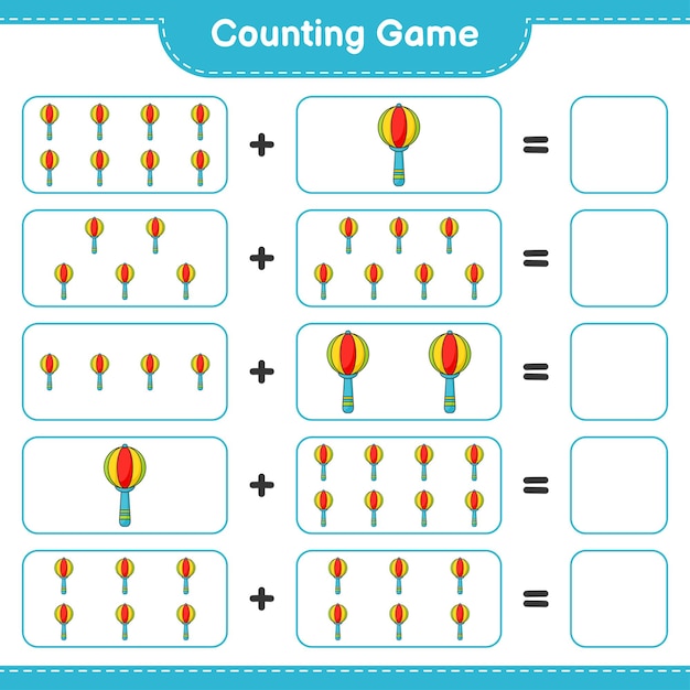 Cuente y combine, cuente el número de Baby Rattle y combine con los números correctos. Juego educativo para niños, hoja de trabajo imprimible, ilustración vectorial