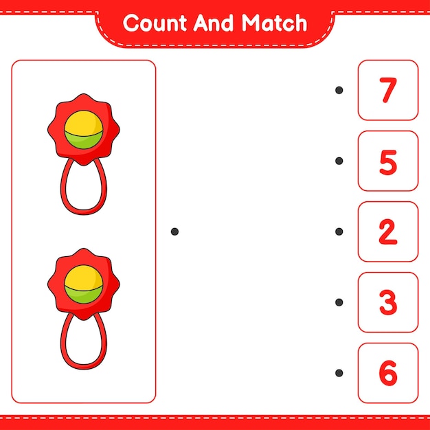 Cuente y combine, cuente el número de baby rattle y combine con los números correctos. juego educativo para niños, hoja de trabajo imprimible, ilustración vectorial