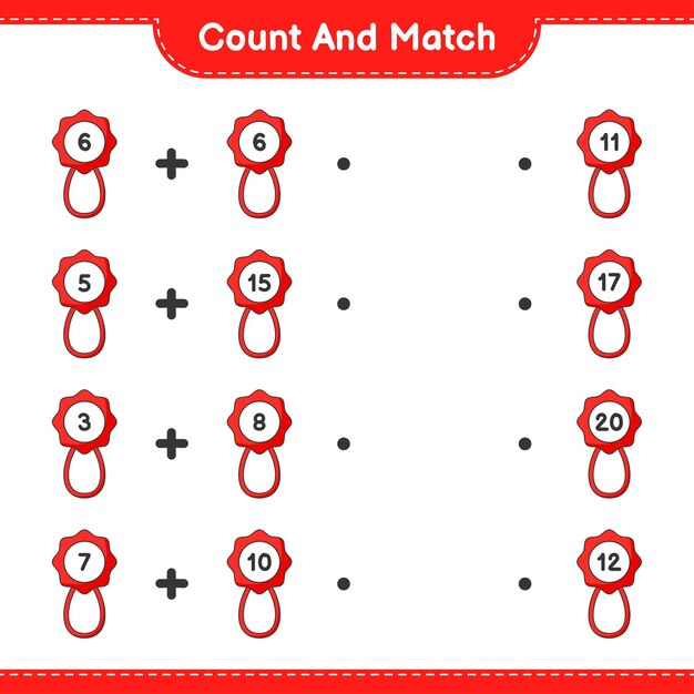 Cuente y combine, cuente el número de Baby Rattle y combine con los números correctos. Juego educativo para niños, hoja de trabajo imprimible