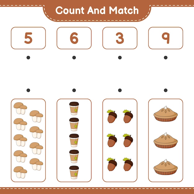 Cuente y combine, cuente el número de Bellota, Taza de Té, Pastel, Boletus de Hongos y combine con los números correctos. Juego educativo para niños, hoja de trabajo imprimible, ilustración vectorial