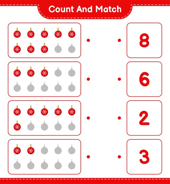 Cuente y combine, cuente el número de bolas de Navidad y combine con los números correctos. Juego educativo para niños