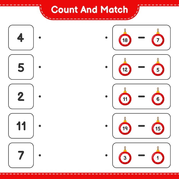 Cuente y combine, cuente el número de bolas de Navidad y combine con los números correctos. Juego educativo para niños