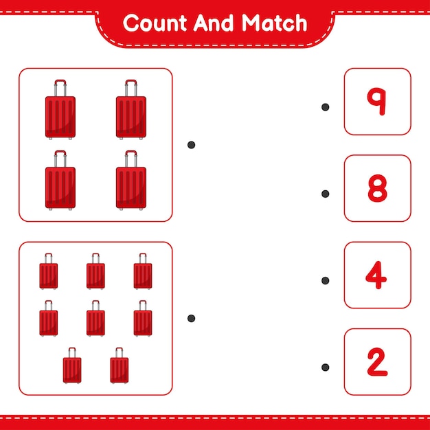 Cuente y combine, cuente el número de bolsa de viaje y combine con los números correctos. juego educativo para niños, hoja de trabajo imprimible, ilustración vectorial