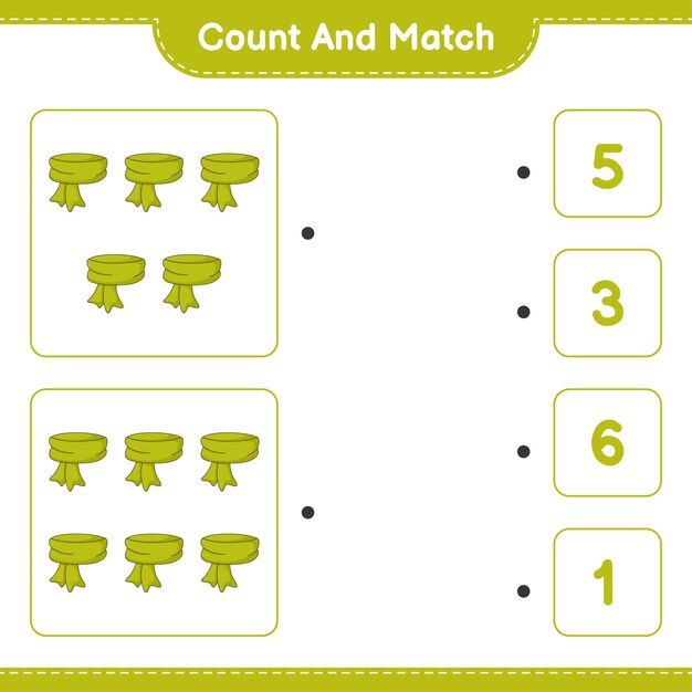 Cuente y combine, cuente el número de bufanda y combine con los números correctos. Juego educativo para niños, hoja de trabajo imprimible, ilustración vectorial