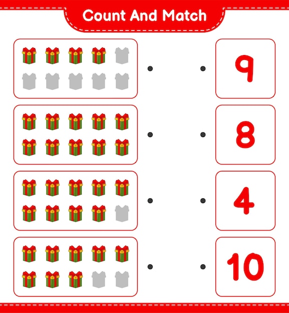 Cuente y combine, cuente el número de cajas de regalo y combine con los números correctos. Juego educativo para niños, hoja de trabajo imprimible, ilustración vectorial