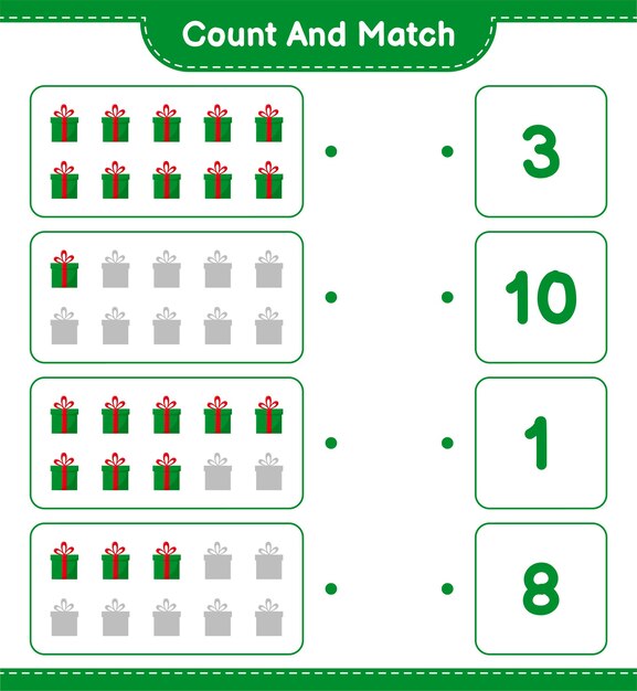 Cuente y combine, cuente el número de Cajas de Regalo y combine con los números correctos. Juego educativo para niños