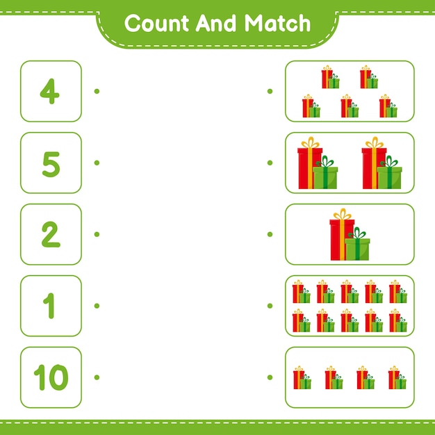 Cuente y combine, cuente el número de cajas de regalo y combine con los números correctos. juego educativo para niños