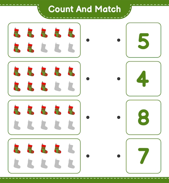Cuente y combine, cuente el número de calcetín navideño y combine con los números correctos. Juego educativo para niños, hoja de trabajo imprimible, ilustración vectorial