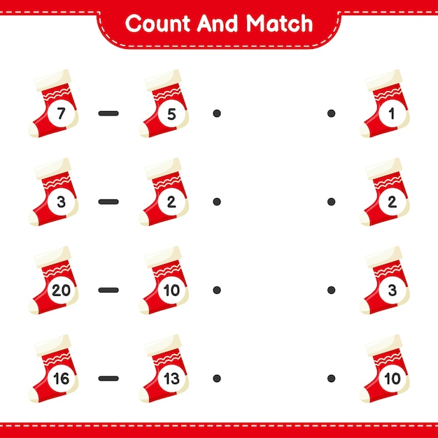 Cuente y combine, cuente el número de calcetines y combine con los números correctos. Juego educativo para niños