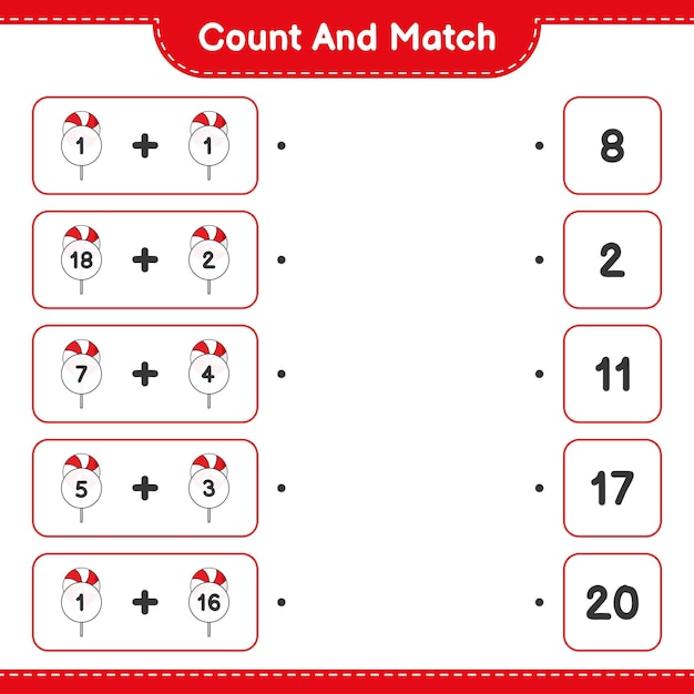 Cuente y combine, cuente el número de Candy y combine con los números correctos. Juego educativo para niños, hoja de trabajo imprimible, ilustración vectorial