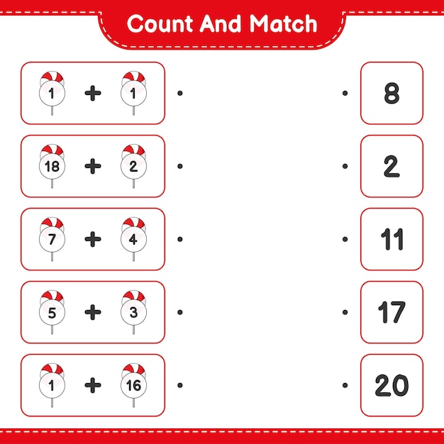 Cuente y combine, cuente el número de Candy y combine con los números correctos. Juego educativo para niños, hoja de trabajo imprimible, ilustración vectorial